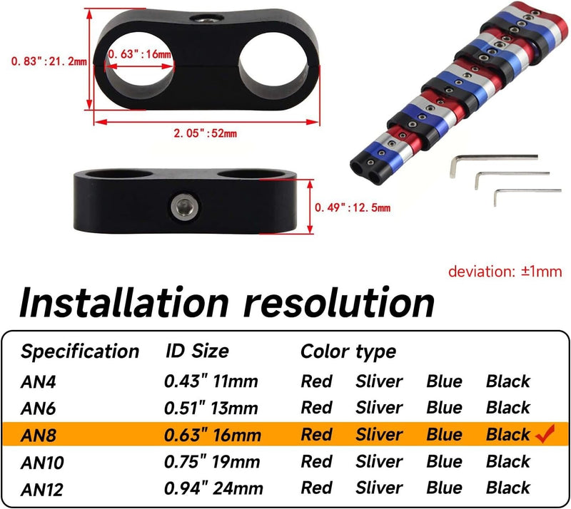 8Pcs 8AN AN8 Hose Separator Clamp Bracket Adapter Kit for Oil Fuel Hose Line