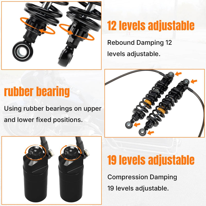 13" Adjustable Remote Reservoir Rear Suspensions Shocks for Harley Touring