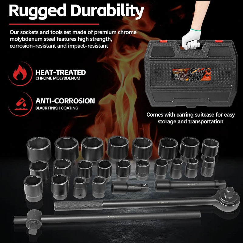 3/4" Drive Deep Impact Socket Set 27Pcs SAE 7/8"-2" Metric 22-50 MM Kit