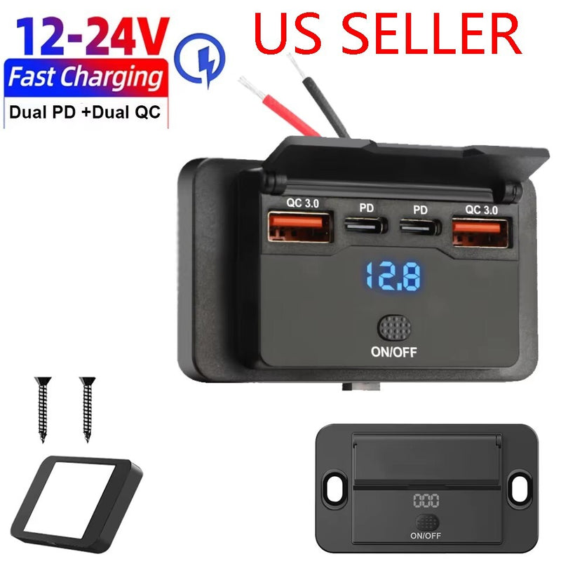 QC3.0 & PD Car Charger Socket Panel LED Voltmeter USB Power Outlet 12-24V for RV