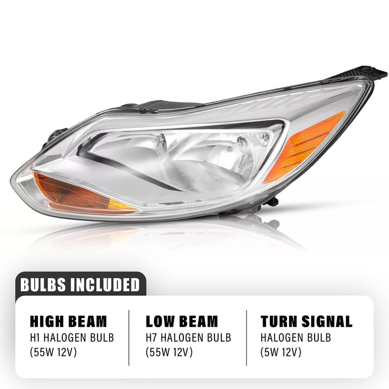 DURAFORCE Clear Lens Halogen Left Driver Side Headlight for Ford Focus 2012-2014 W/Bulb