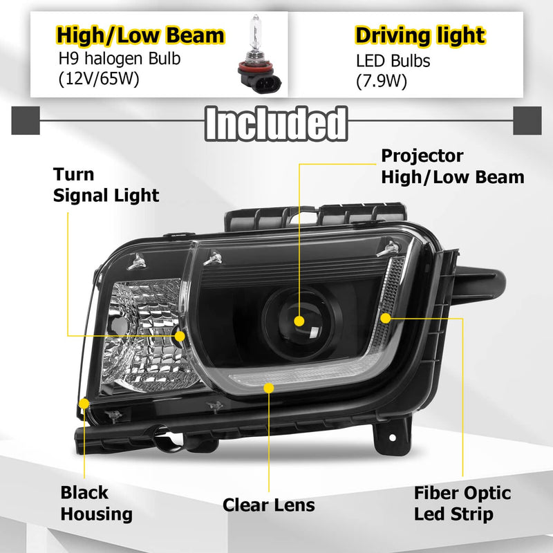 DURAFORCE LED Tube Projector Headlights Headlamp Black for Chevrolet Camaro 2010-2013 Pair