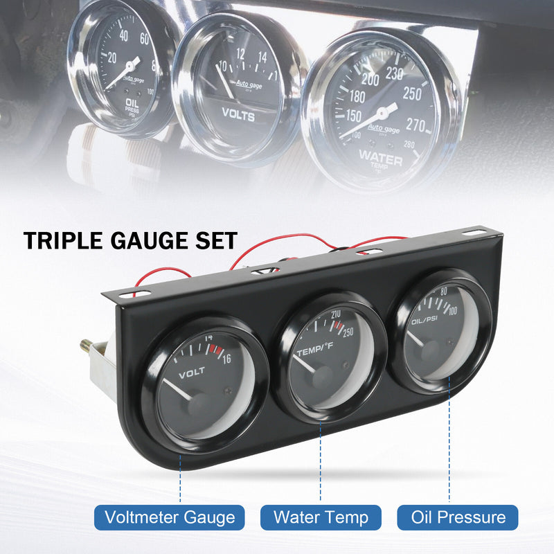 52mm 3-in-1 Auto Car Triple Gauge Set Water Temp Oil Volt Meter Kit