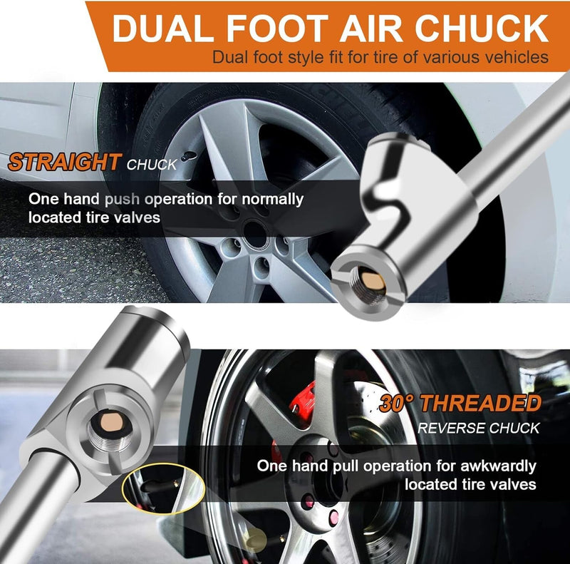 9 Inch Extended Reach Dual Head Air Chuck 2 Way Connection 1/4 FNPT Straight Loc