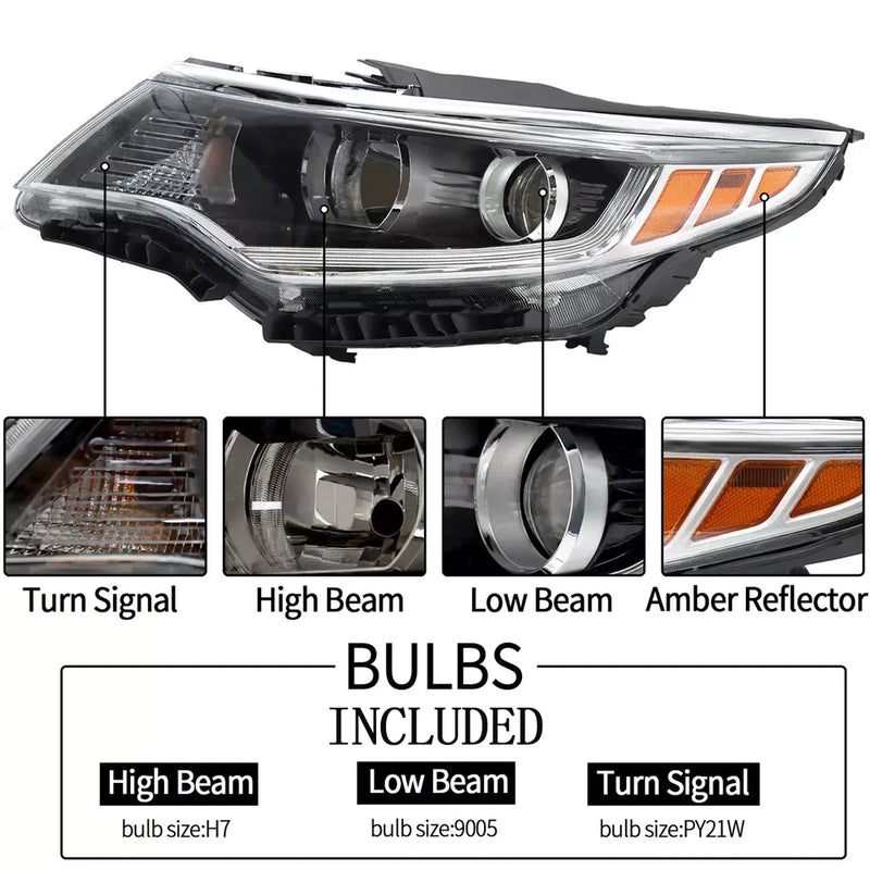 Right+Left Halogen Headlight For 2016-2018 Kia Optima w/o LED DRL Chrome Housing